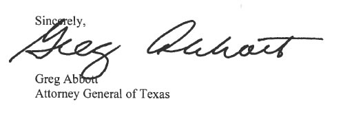 Sincerely, Greg Abbott, Attorney General of Texas